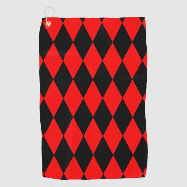 Red Black Harlequin Diamonds Checkers Design  Golf Towel (Front)