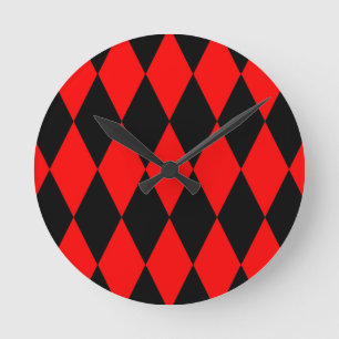 Red Black Harlequin Diamonds Checkers Design Round Clock