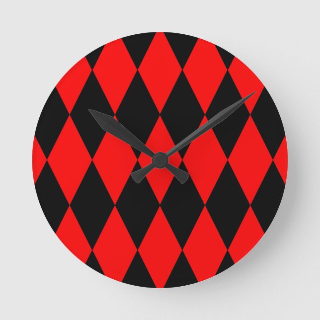 Red Black Harlequin Diamonds Checkers Design  Round Clock (Front)