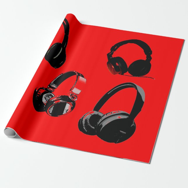 Red Black Headphone Silhouettes Pop Art Wrapping Paper (Unrolled)