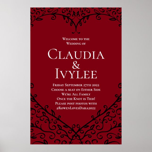 Red & Black Heart Gothic Wedding Ceremony Sign (Front)