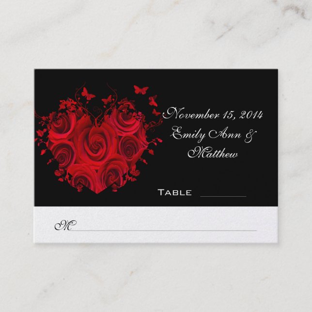 Red & Black Heart Roses Butterfly Table Place Card (Front)