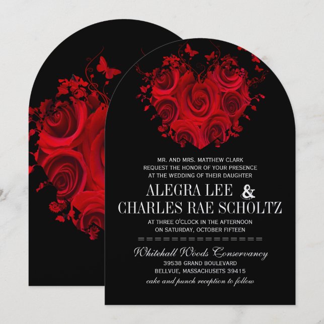 Red & Black Heart Roses Butterfly Weddings Invitation (Front/Back)