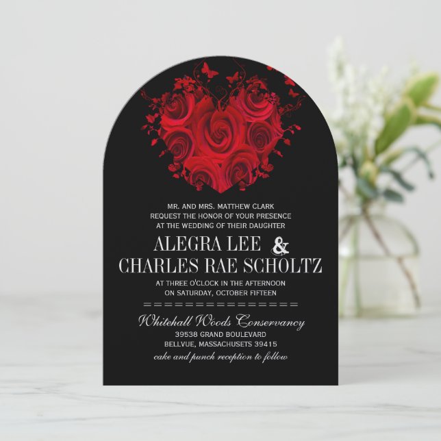 Red & Black Heart Roses Butterfly Weddings Invitation (Standing Front)