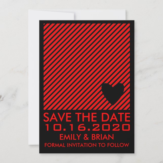 Red black heart striped save the date cards (Front)