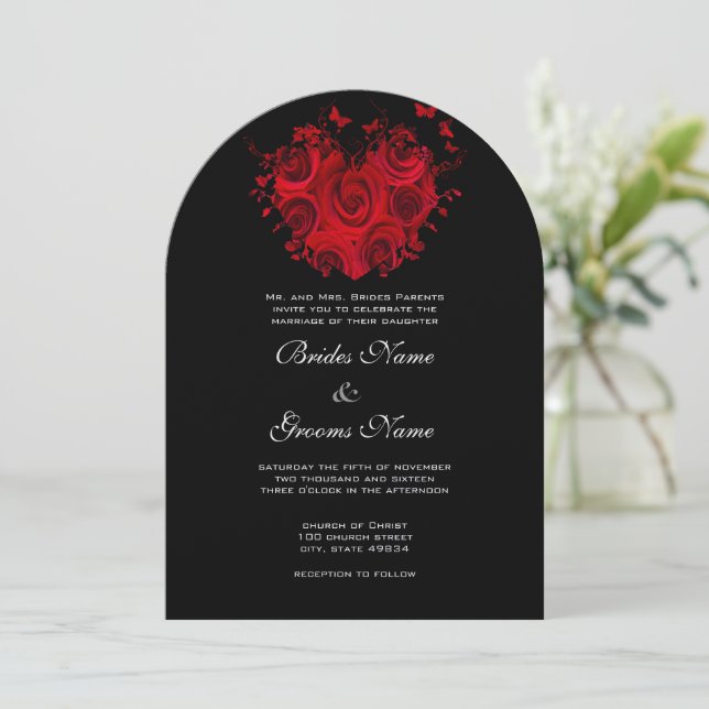 Red & Black Hearts and Roses Butterfly Wedding Invitation (Standing Front)
