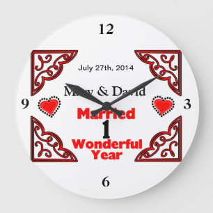 Red Black Hearts Names & Date 1 Yr Anniversary Large Clock