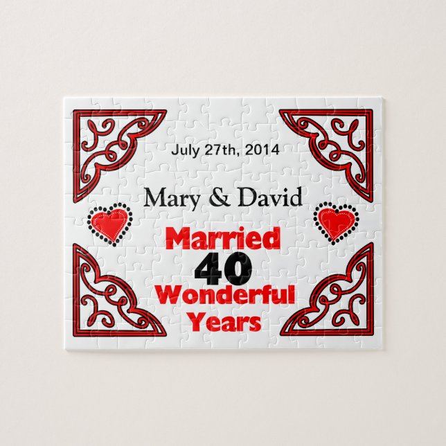 Red Black Hearts Names & Date 40 Yr Anniversary Jigsaw Puzzle (Horizontal)