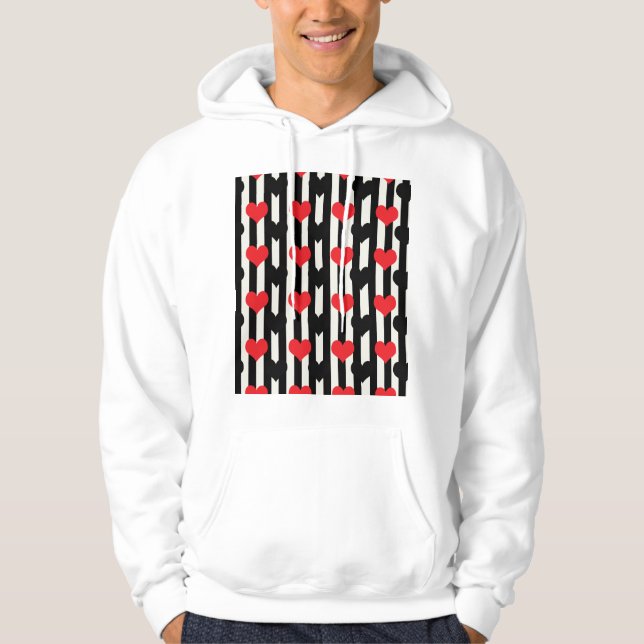 Red Black Hearts On Black White Stripes Hoodie (Front)