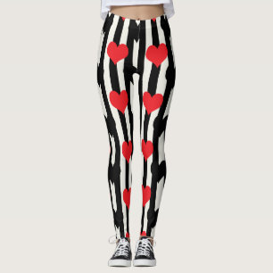 Red Black Hearts On Black White Stripes Leggings
