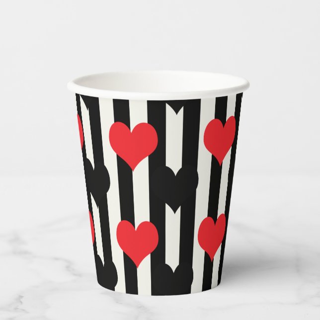 Red Black Hearts On Black White Stripes Paper Cups (Front)