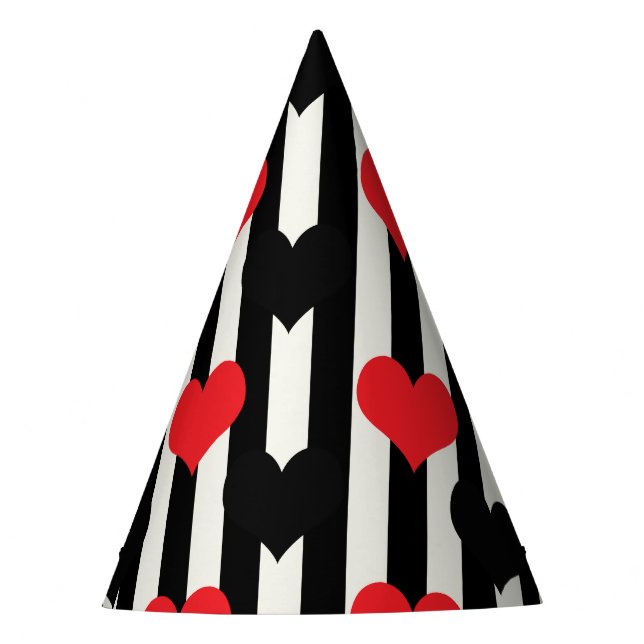 Red Black Hearts On Black White Stripes Party Hat (Front)