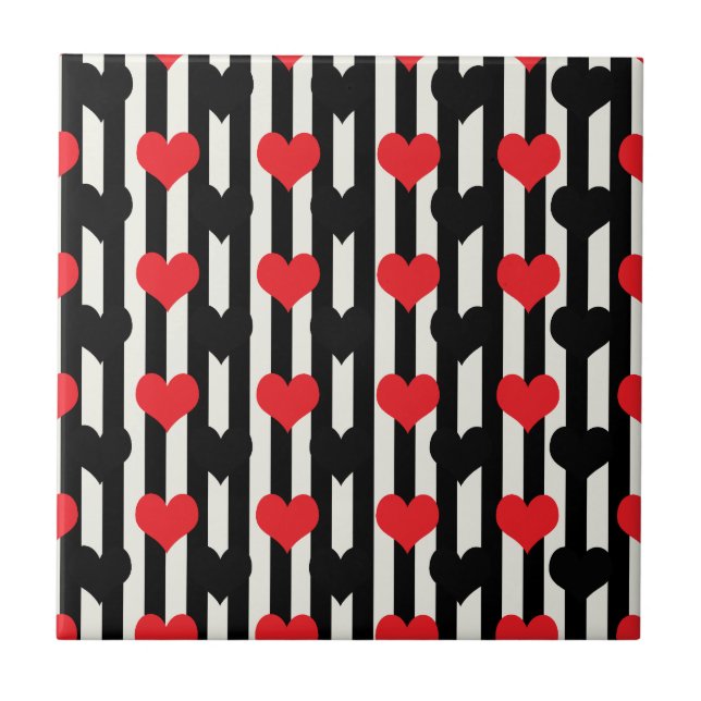 Red Black Hearts On Black White Stripes Tile (Front)
