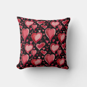 Red Black Hearts Pattern Drawing Valentine`s Day Cushion