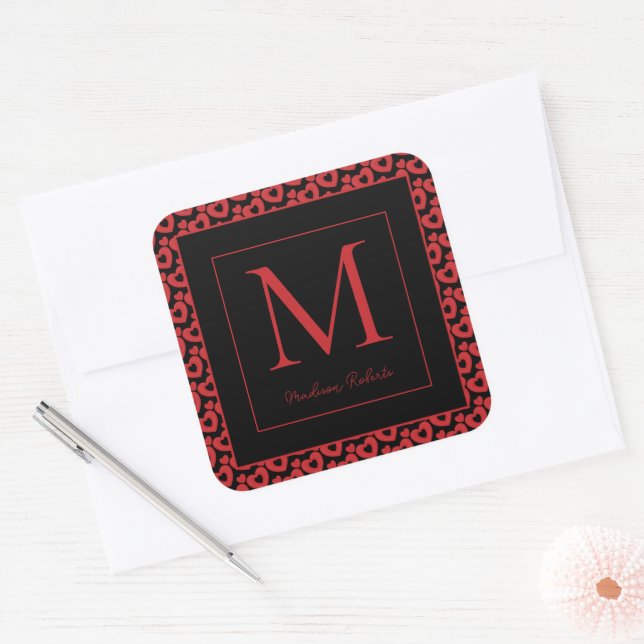 Red & Black Hearts Personalised Monogram  Square Sticker (Envelope)