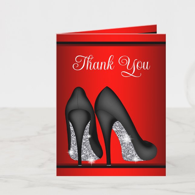 Red Black High Heel Shoe Thank You Cards (Add your message or leave blank for your hand written message when they arrive.)