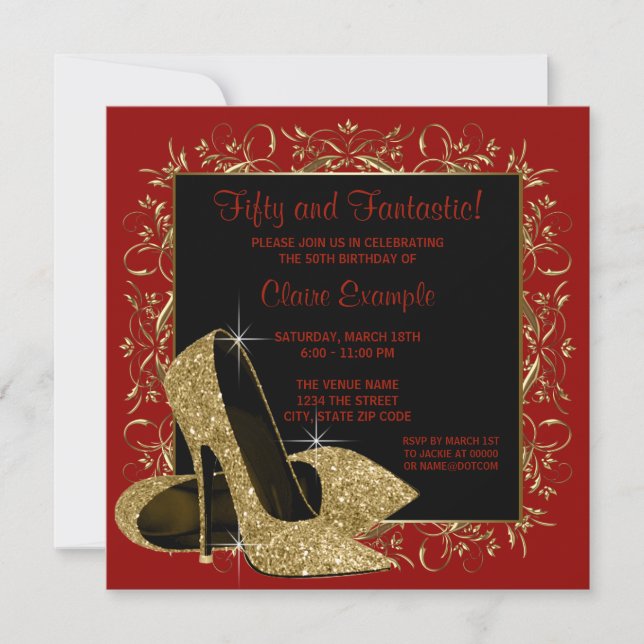 REd Black High Heels Womans Birthday Party Invitation (Front)