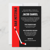 Red Black Hockey Bar Mitzvah Invitations