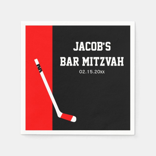 Red Black Hockey Bar Mitzvah Personalised Napkin (Front)