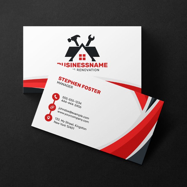 Red Black Home Renovation Remodeling Contractor Business Card (Creator Uploaded)
