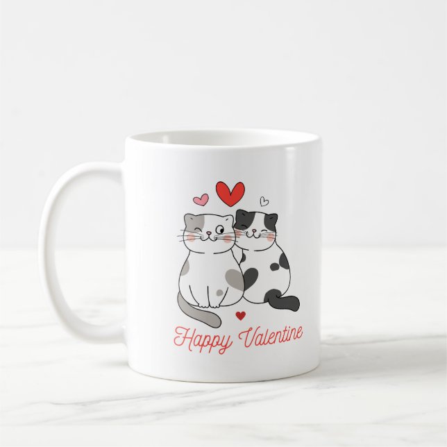 Red Black Illustrated Cute Cats Happy Valentine Coffee Mug (Left)