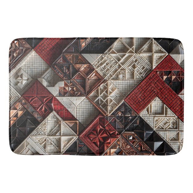 Red Black Ivory Micro Mosaic 3D Geometric Bath Mat (Front)