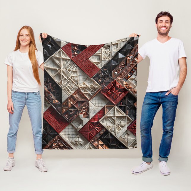 Red Black Ivory Micro Mosaic 3D Geometric Fleece Blanket (In Situ)