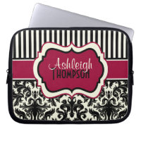 Red Black Ivory Striped Damask Laptop Sleeve