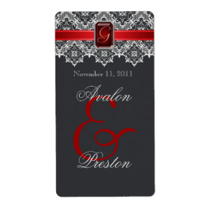 Red & Black Lace Jewelled Wedding Wine Label