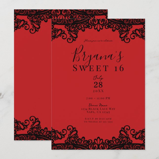 Red & Black Lace Masquerade Sweet 16  Invitation (Front/Back)