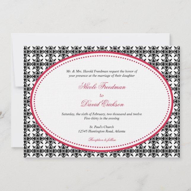 Red black lace oval beaded preppy custom wedding invitation (Front)