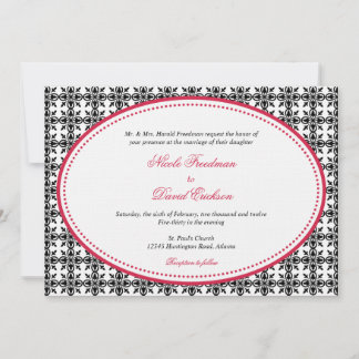 Red black lace oval beaded preppy custom wedding invitation