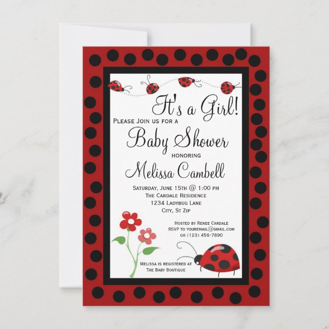 Red Black Ladybug Baby Shower Invitation Template (Front)