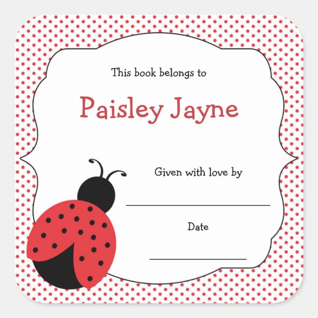 Red Black Ladybug bookplates / bring a book shower Square Sticker (Front)