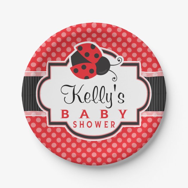 Red & Black Ladybug; Cute Baby Shower Paper Plate (Front)