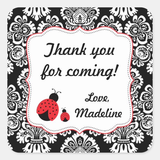 Red Black Ladybug Damask baby shower favour sticke Square Sticker (Front)