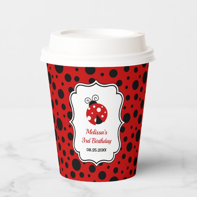 Red Black Ladybug Frame Polka Dots Kids Birthday  Paper Cups (Front)