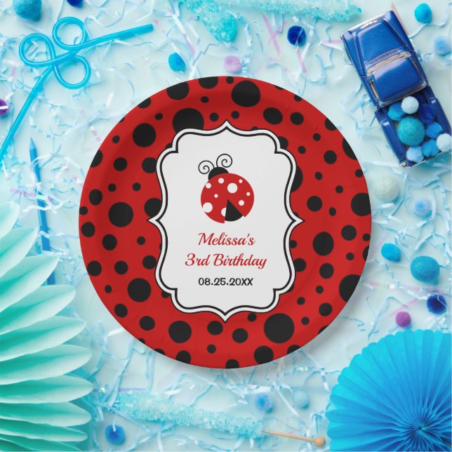 Red Black Ladybug Frame Polka Dots Kids Birthday  Paper Plate (Party)
