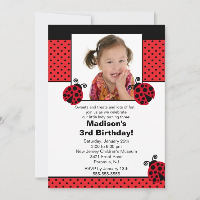 Red & Black Ladybug Photo Birthday Invitation (Front)