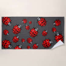 Red Black Ladybugs Beach Towel