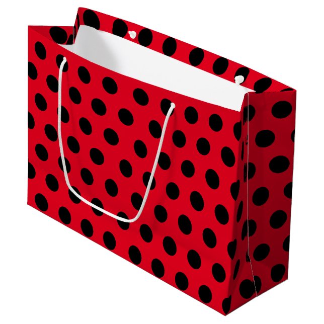 Red & Black Large Medium Polka Dot Party Gift Bag (Front Angled)
