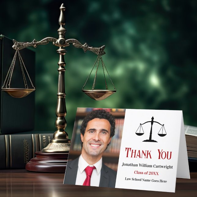 Red Black Law School Graduation Photo Lawyer Thank You Card (Creator Uploaded)