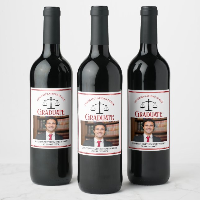Red Black Law School Photo Graduation Party Wine Label (Bottles)