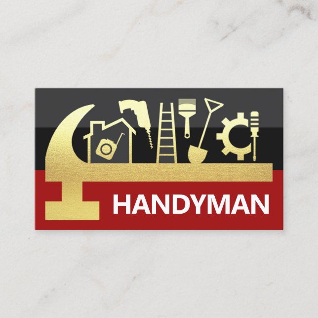 Red Black Layers Gold Hammer Handyman Tools Business Card (Front)