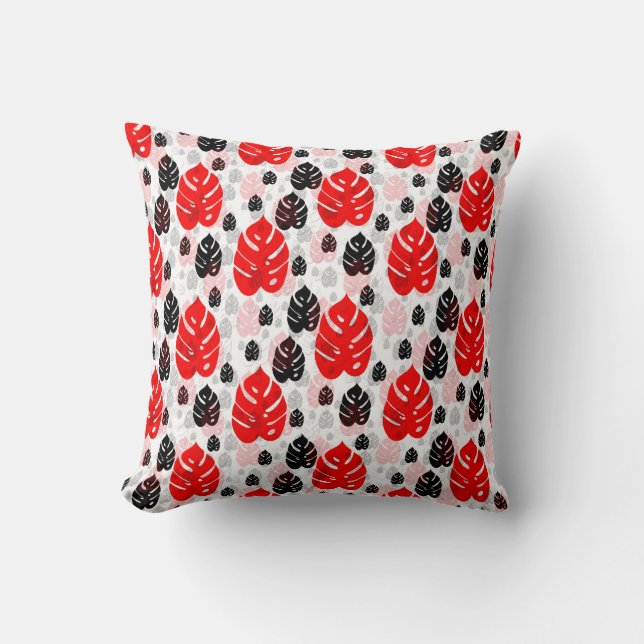 Red Black Leaf Abstract Shape Pattern Illustration Cushion (Front)