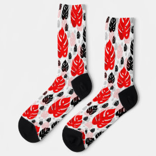 Red Black Leaf Illustration Pattern Design Socks