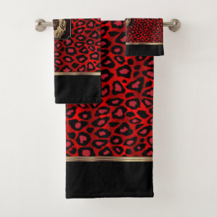Red & Black Leopard Pattern with a Lion Head Bath  Towel Set