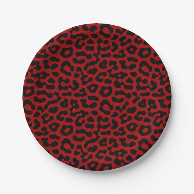 Red Black Leopard Spots Print Pattern Paper Plate (Front)