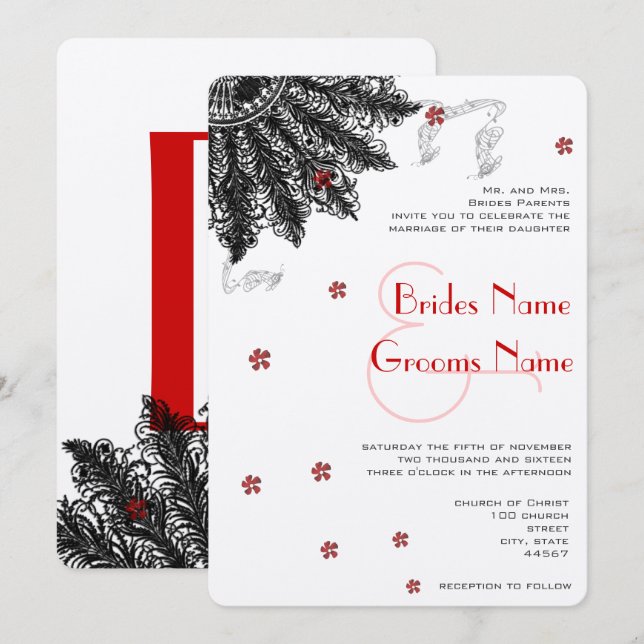 Red Black (less flowers) Fan Wedding Invitations (Front/Back)