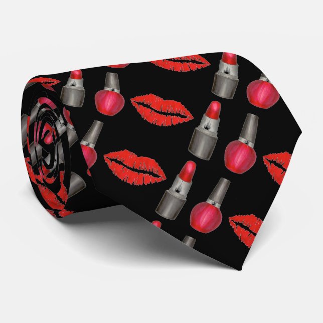 Red Black Lipstick Lips Kiss Valentine's Day Tie (Rolled)